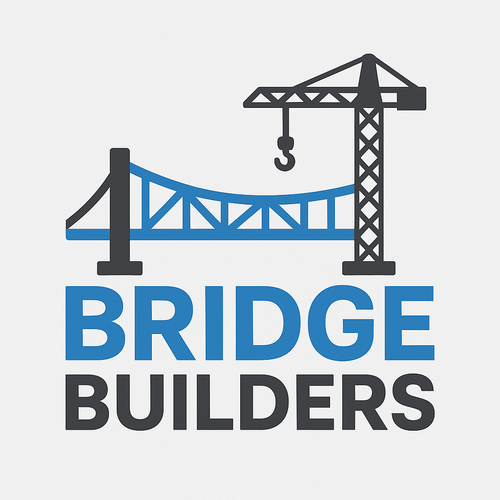 Graphic logo of a construction crane over a bridge with the words "Bridge Builders" underneath.