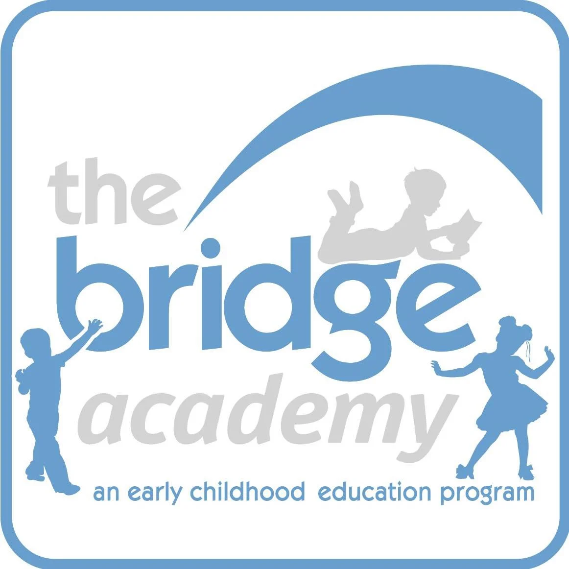 Logo for the Bridge Academy, an early childhood education program, featuring silhouettes of children playing and reading, with a blue and white color scheme.