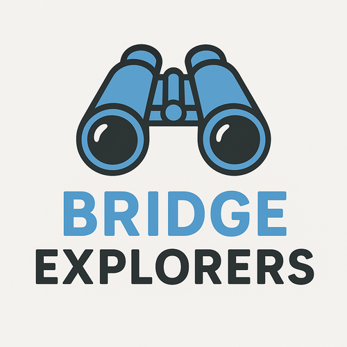 Logo of binoculars above the text "BRIDGE EXPLOERS" in blue and black.