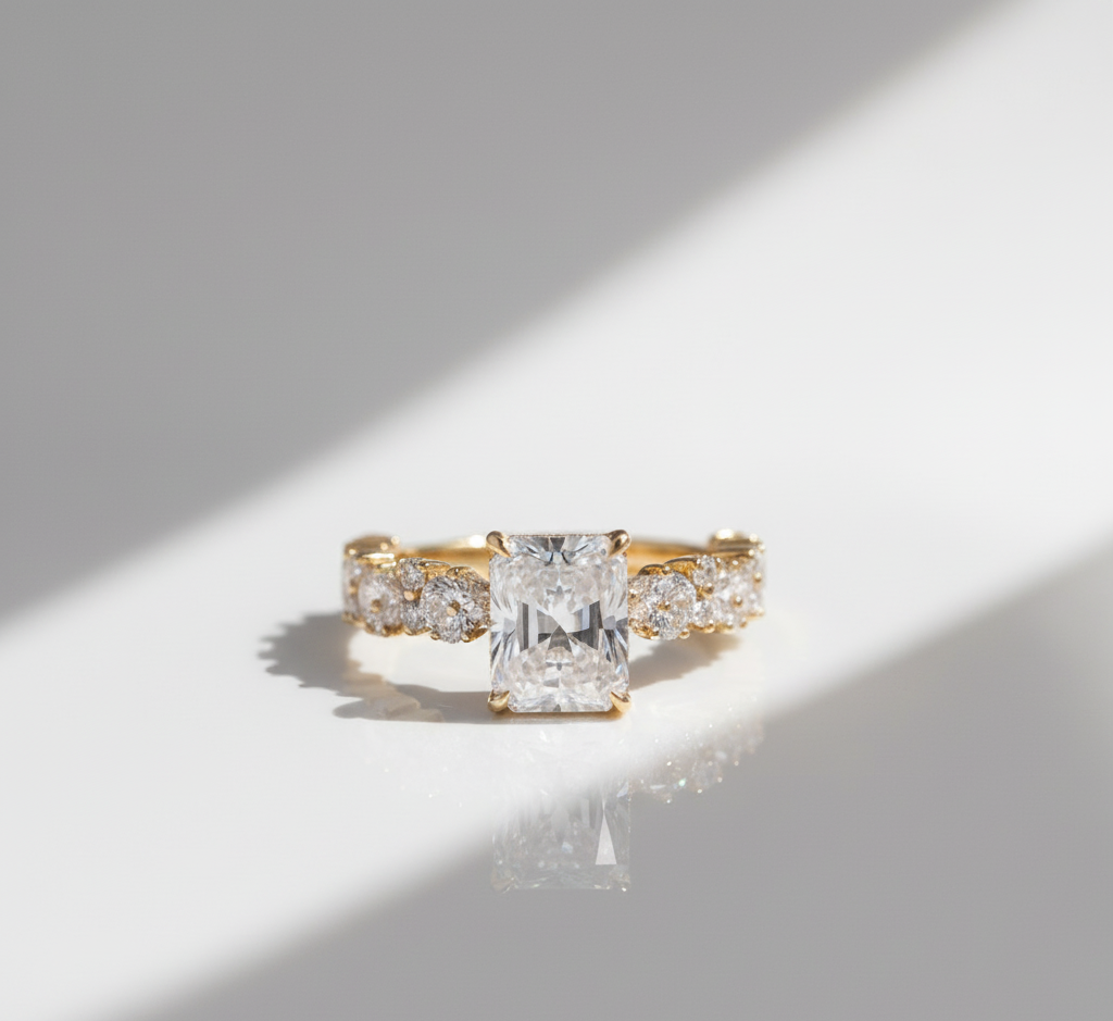 Textured Brilliance, The Radiant with Pavé Cluster Band