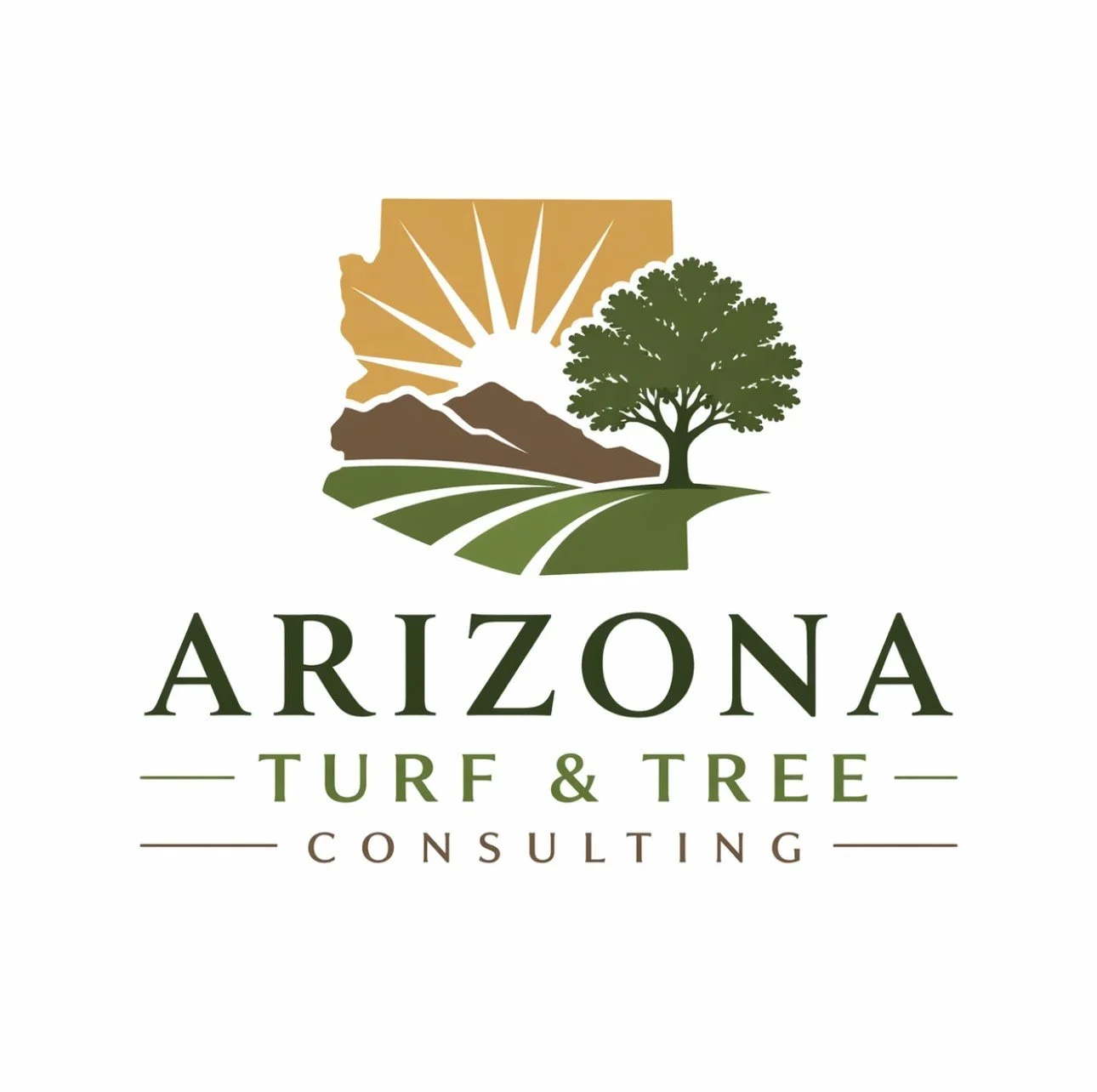 Logo for Arizona Turf & Tree Consulting featuring a sun rising over mountains, a large tree, and fields, with the company name below.