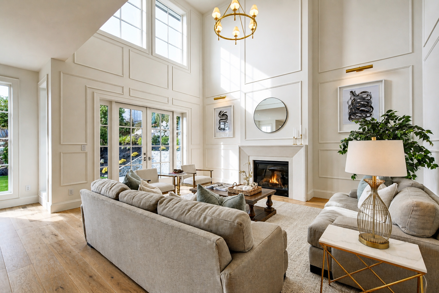 Living room with high ceiling, large windows, and a fireplace, furnished with beige sofas, a wooden coffee table, and decorative artwork on the walls.
