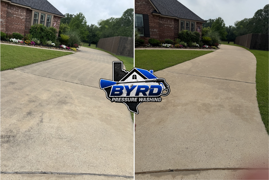 Side-by-side comparison of a concrete driveway before and after pressure washing, with a logo in the center reading "BYRD Pressure Washing".