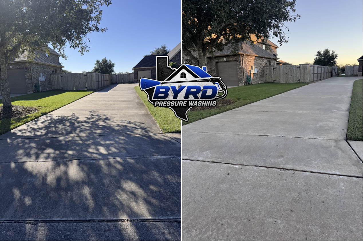 Residential sidewalk before and after pressure washing by Byrd Pressure Washing in Brazoria County. Professional concrete cleaning restores a bright, clean appearance.