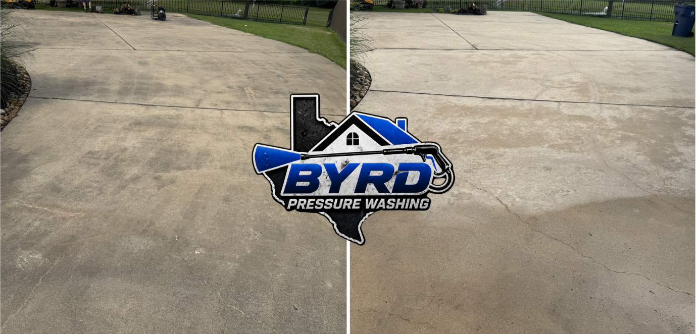 Side-by-side comparison of a concrete driveway before and after pressure washing, with a "BYRD PRESSURE WASHING" logo in the center.