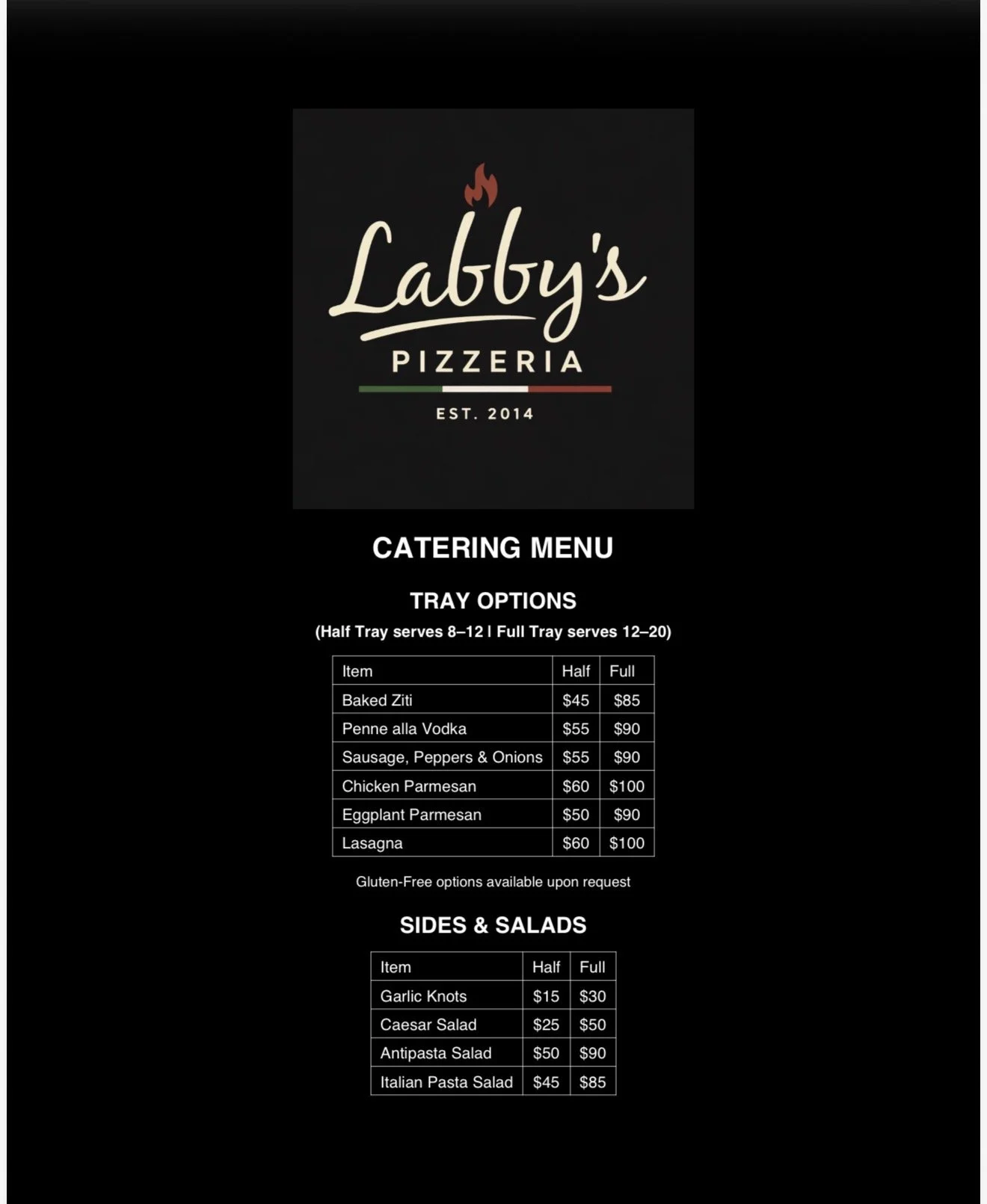 Menu from Labby's Pizzeria displaying catering options, tray items with prices for half and full servings, sides and salads, with prices for half and full servings, and note about gluten-free options available upon request.