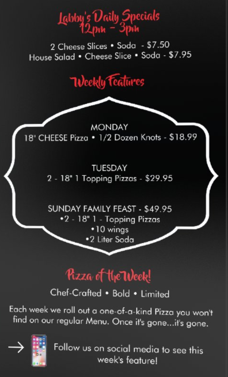 A black menu board listing daily specials, weekly features, and pizza of the week at a restaurant. Daily specials include cheese slices and sodas or house salad and cheese slice for $7.50 or $7.95. Weekly features include Monday 18-inch cheese pizza with a half-dozen knots for $18.99, Tuesday 2 18-inch of one topping pizzas for $29.95, and Sunday family feast with two 18-inch pizzas, ten wings, and two liters of soda for $49.95. The pizza of the week is chef-crafted, bold, and limited, with a note about weekly special pizzas not on the regular menu. There is also a social media prompt at the bottom.