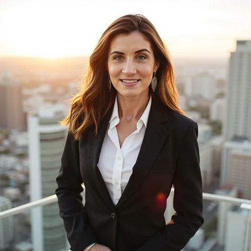 Portrait of a woman in business attire standing on a rooftop balcony with a cityscape background during sunset.