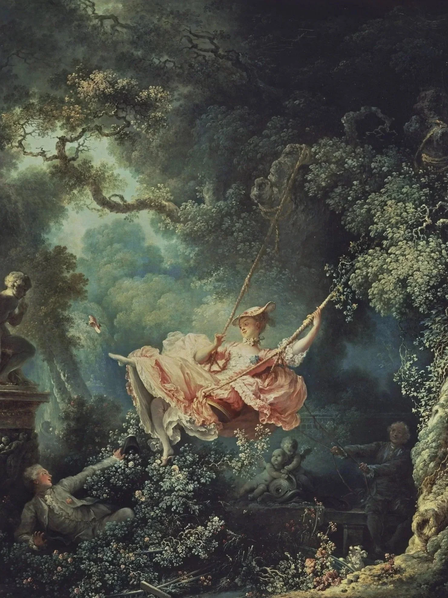The Swing by Jean Honore Fragonard, painted around 1767, depicting a young woman in a secret love triangle