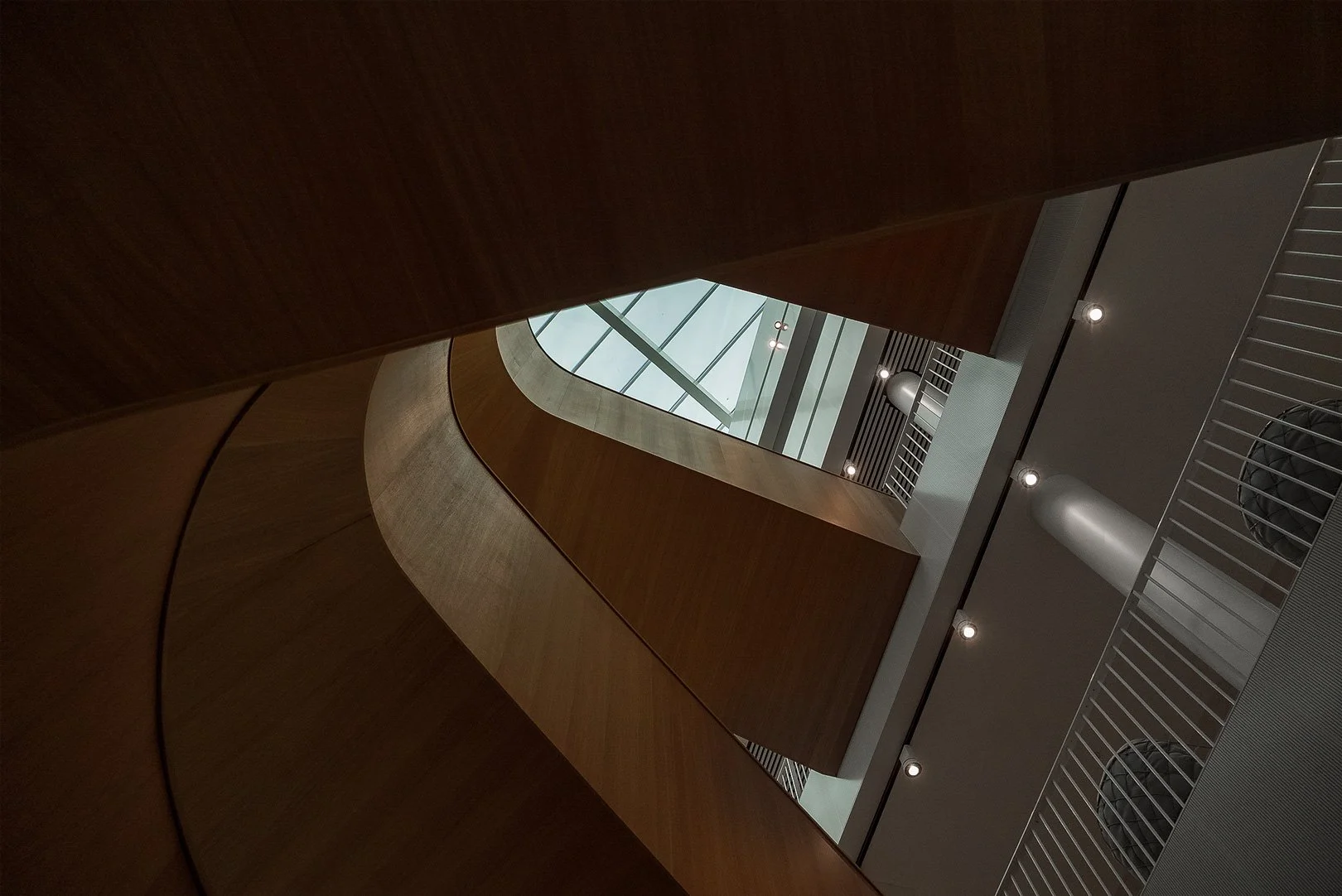 Spiral architectural staircase in contemporary design building in Uppsala Sweden.