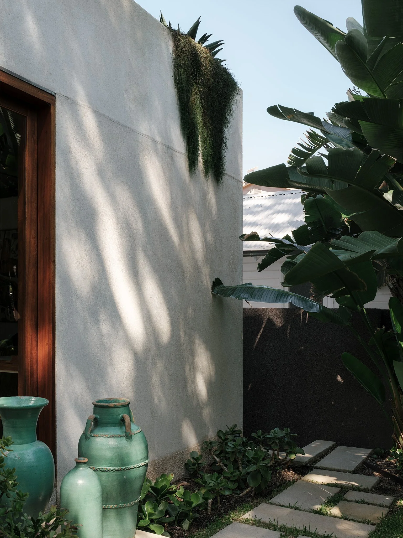 Outdoor tropical garden with paved grass area