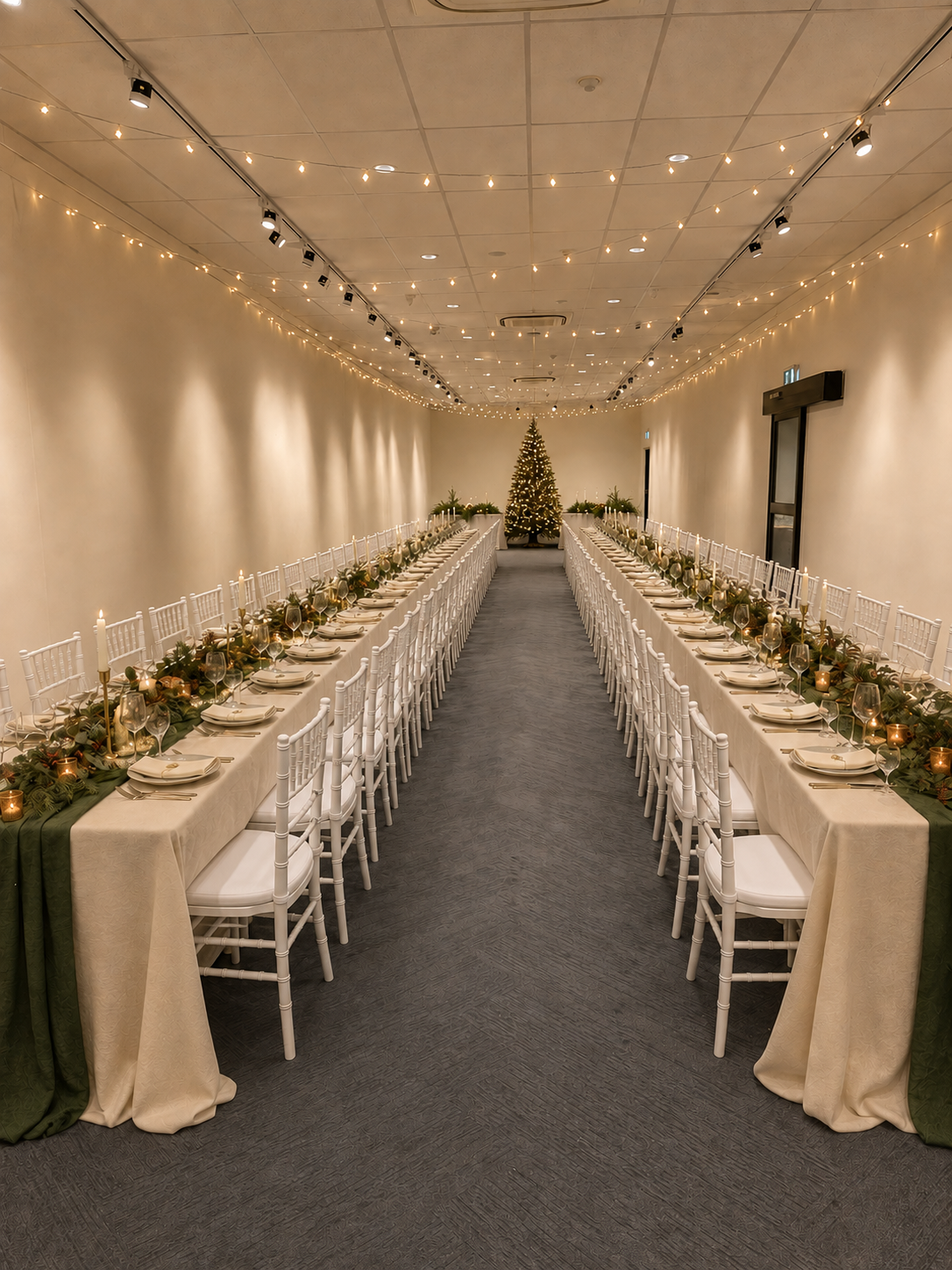 Long banquet table decorated for a Christmas celebration, with white chairs, candles, green and gold garlands, and a Christmas tree at the far end of the room, illuminated by warm string lights.