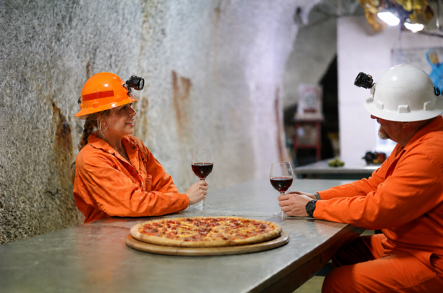Two workers in orange jumpsuits and hard hats are sitting at a table in an industrial setting, each holding a glass of red wine. There is a pizza on a wooden board on the table between them.