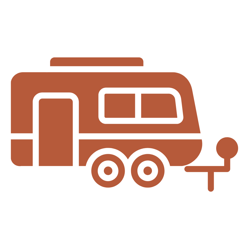 Icon of a brown camper trailer with a tow hitch on a white background.