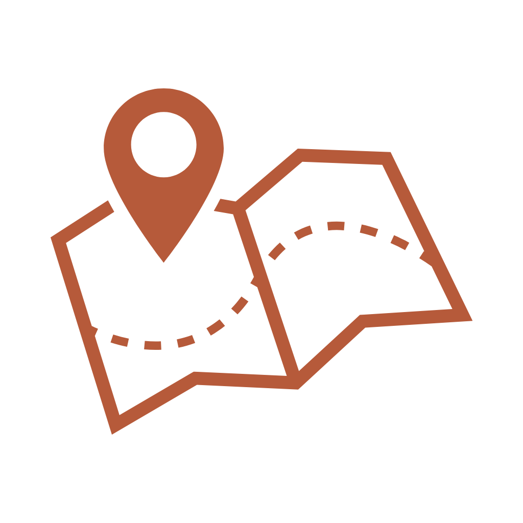 Cartoon map with a dashed path and a location pin