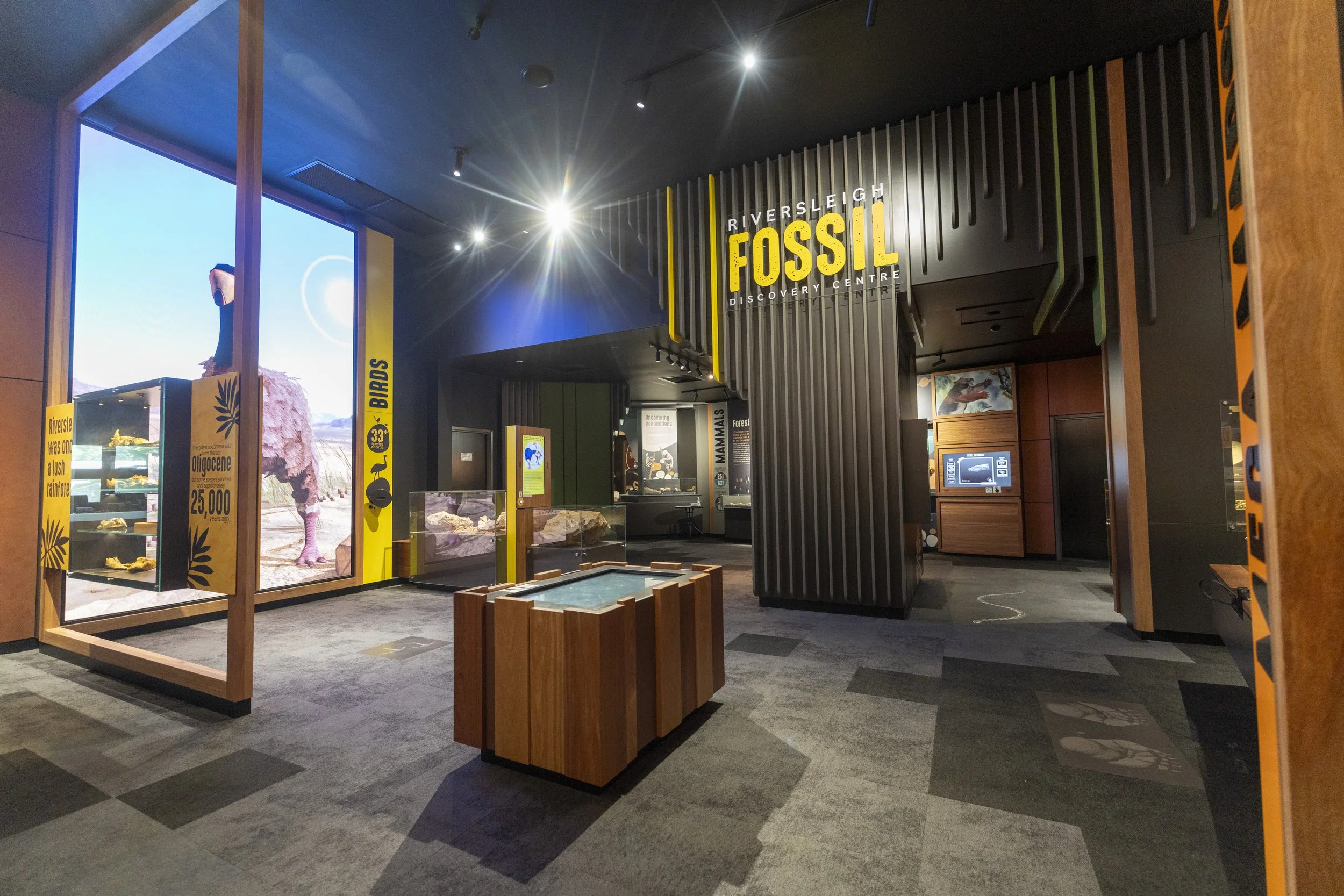 Interior of a museum exhibit at Riversleigh Fossil Discovery Centre, with display cases containing fossils and informational signs, featuring a large digital screen showing a desert scene with a pink dinosaur figure and desert landscape, and a black wall with yellow accents and the sign 'RIVERSLEIGH FOSSIL DISCOVERY CENTRE'.