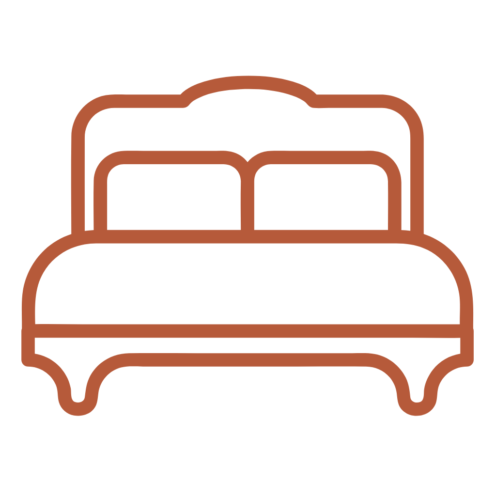 Outline drawing of a bed with two pillows and a curved headboard and footboard.