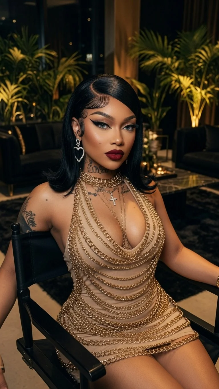 Breanna Angel, editorial nightlife portrait in layered gold styling.