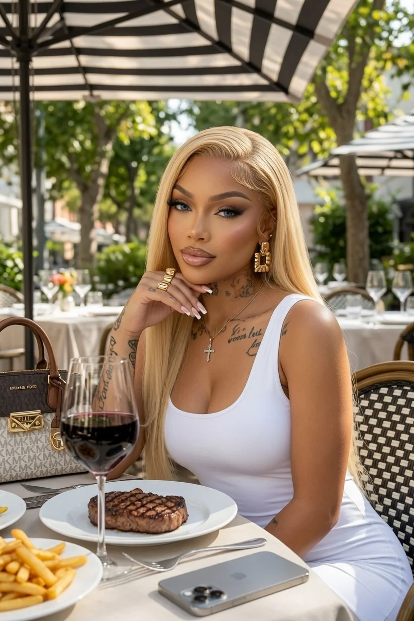 Breanna Angel, polished lifestyle portrait at an outdoor café.