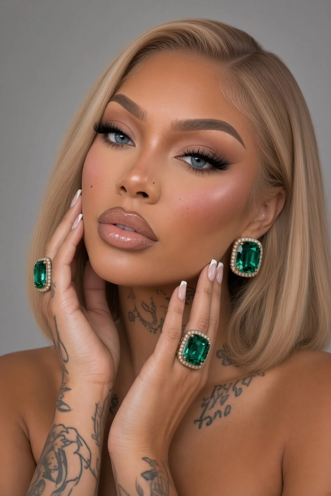 Breanna Angel, close beauty portrait featuring emerald statement jewelry.