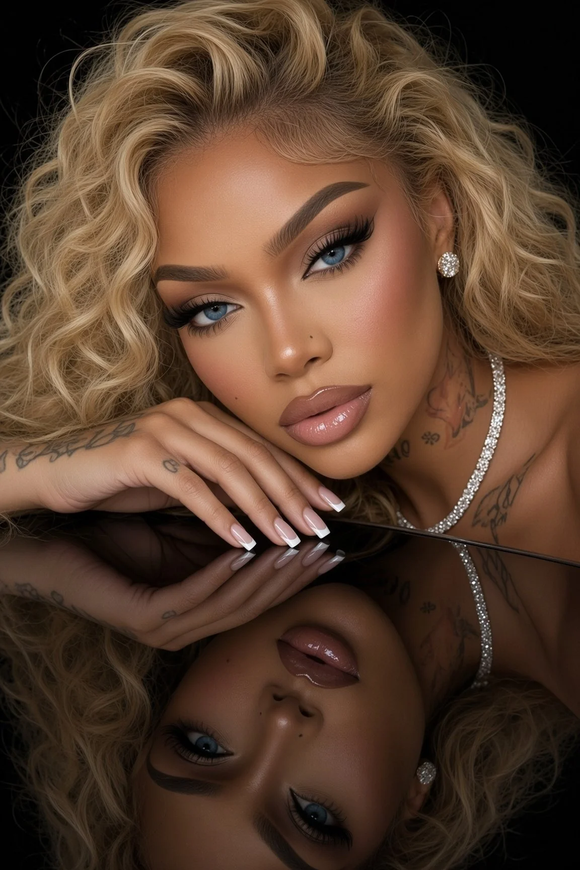 Breanna Angel, polished studio portrait with blonde curls and reflective styling.