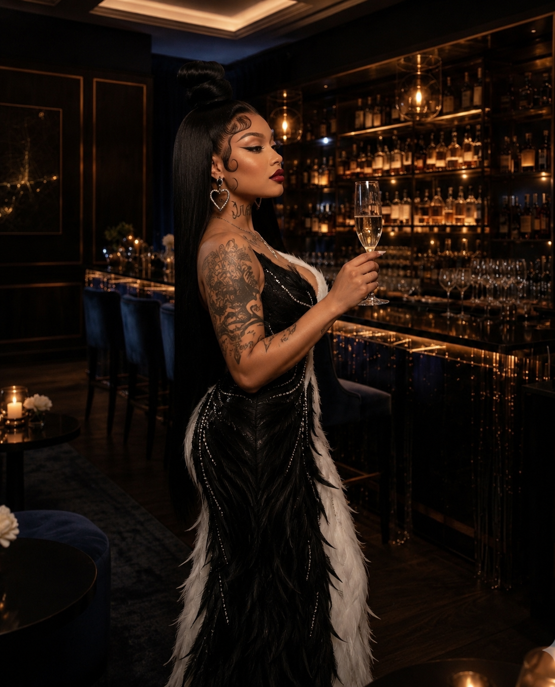 Breanna Angel, cinematic nightlife portrait in a black evening look.