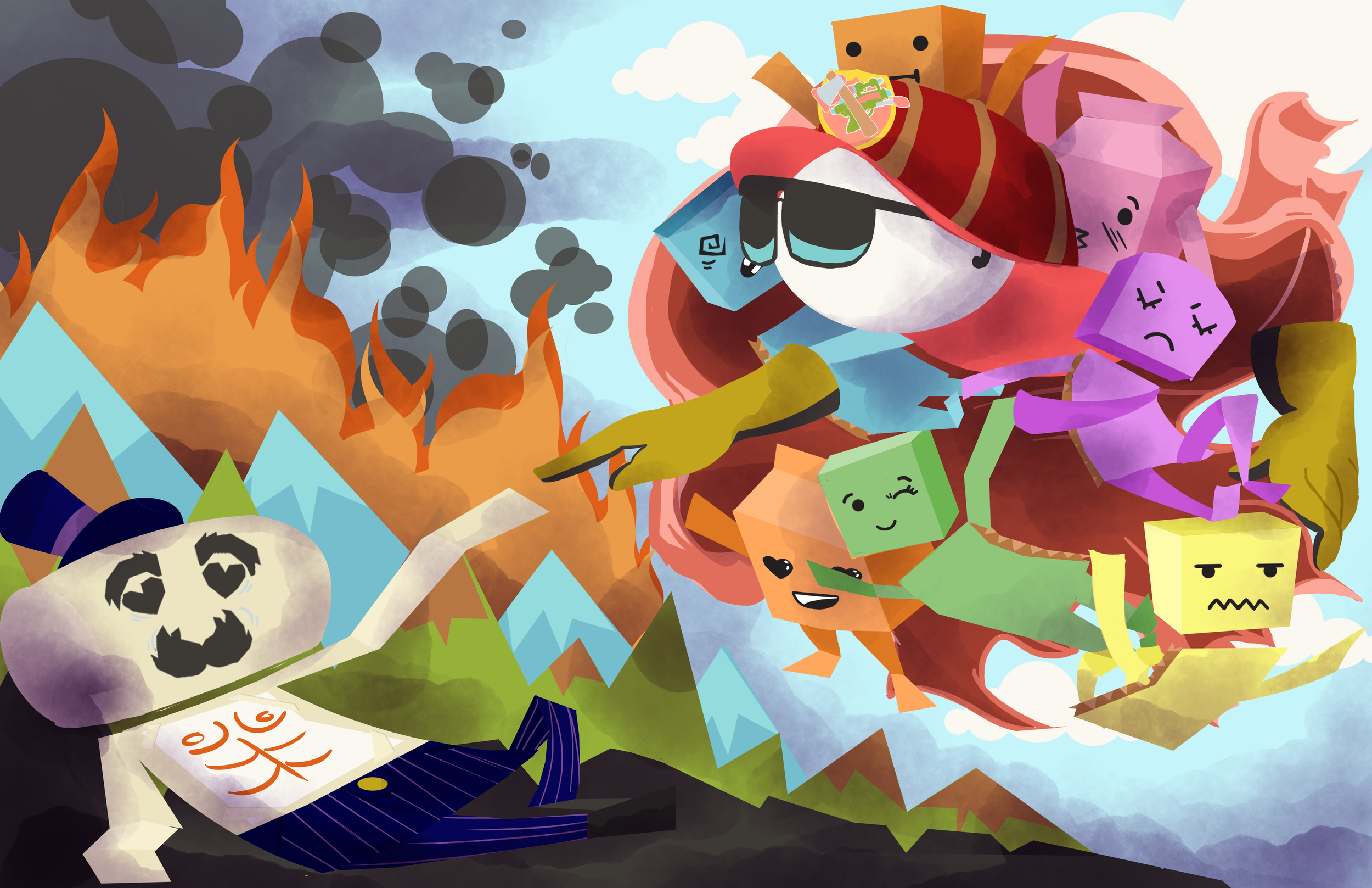 Cartoon illustration of various colorful, animated characters and objects, including a flaming mountain, a skull, and cube-shaped faces, with a light blue sky background.