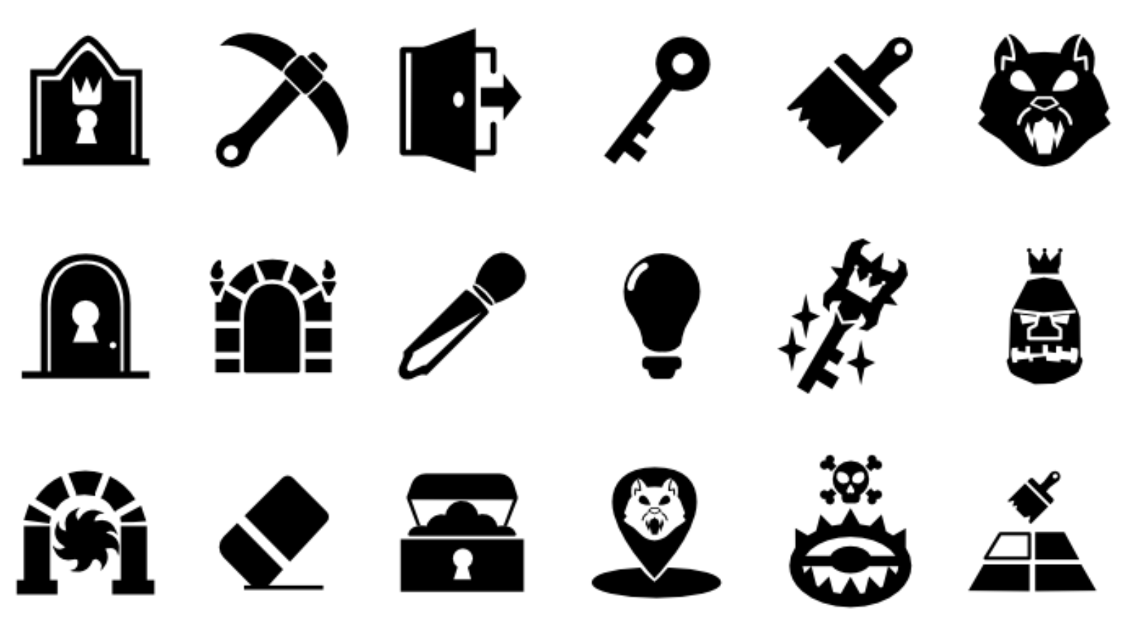 Collection of black and white icons including a crown shield, pickaxe, door with a keyhole, key, axe, panther face, door with a keyhole, castle archway, microphone, lightbulb, magic wand, angry face mask, swirling portal, eraser, treasure chest, wolf face, skull with crossbones, and a weighted pyramid.