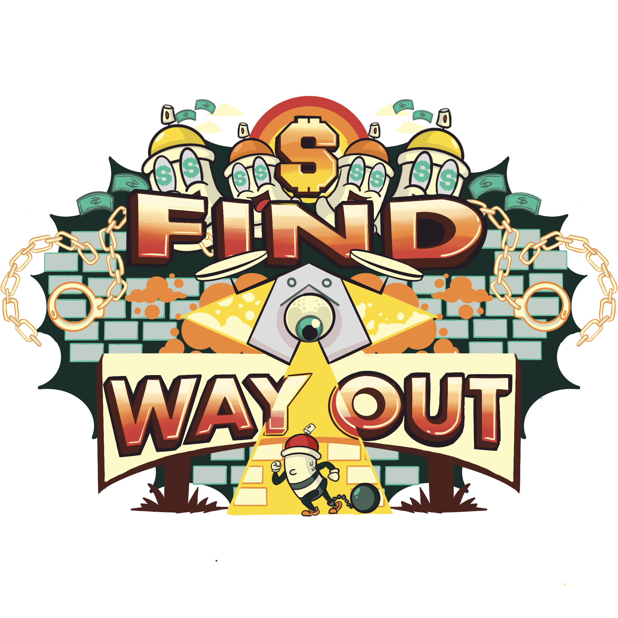 Colorful illustration with bold stylized text saying 'FIND MY WAY OUT,' a cartoon bee holding a magnifying glass, chains, dollar signs, and a giant orange and yellow question mark, all suggesting a puzzle or escape room theme.
