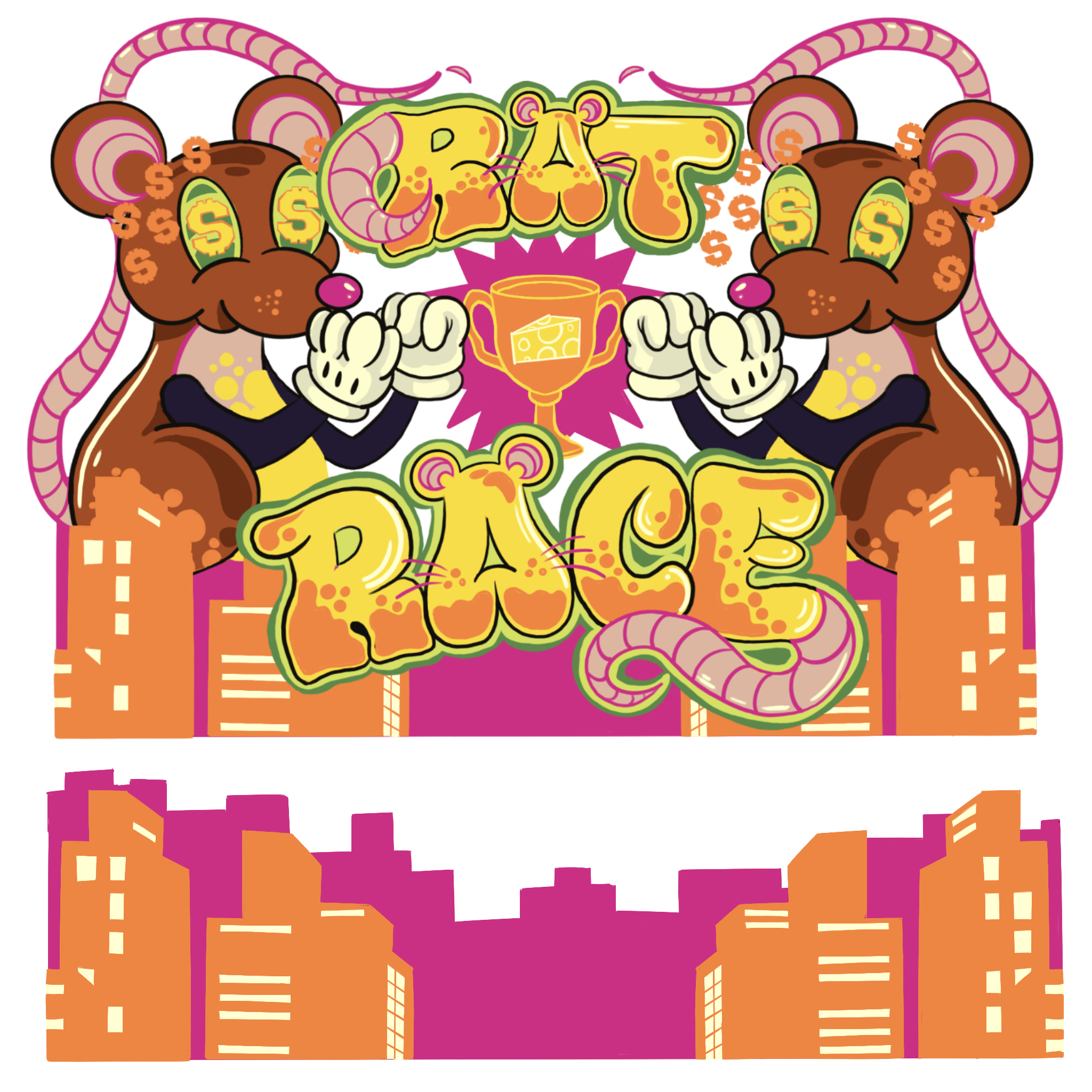 Cartoon illustration of mice with money, food, and the word 'cost' in colorful graffiti style, set against a cityscape background.