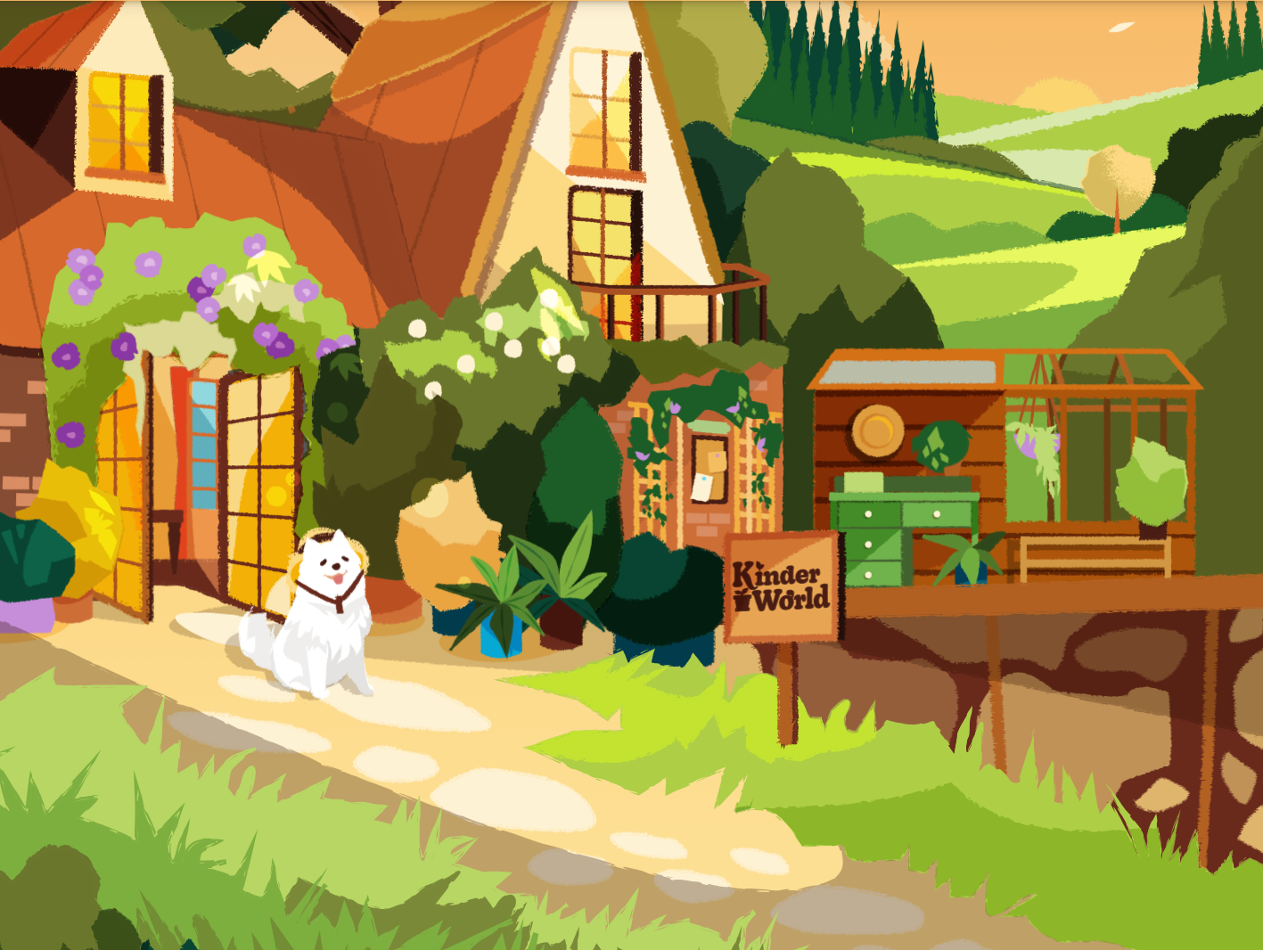 A colorful illustration of a countryside scene with cozy houses, lush greenery, potted plants, and a happy dog sitting on a stone path next to a sign that reads 'Kinder World'