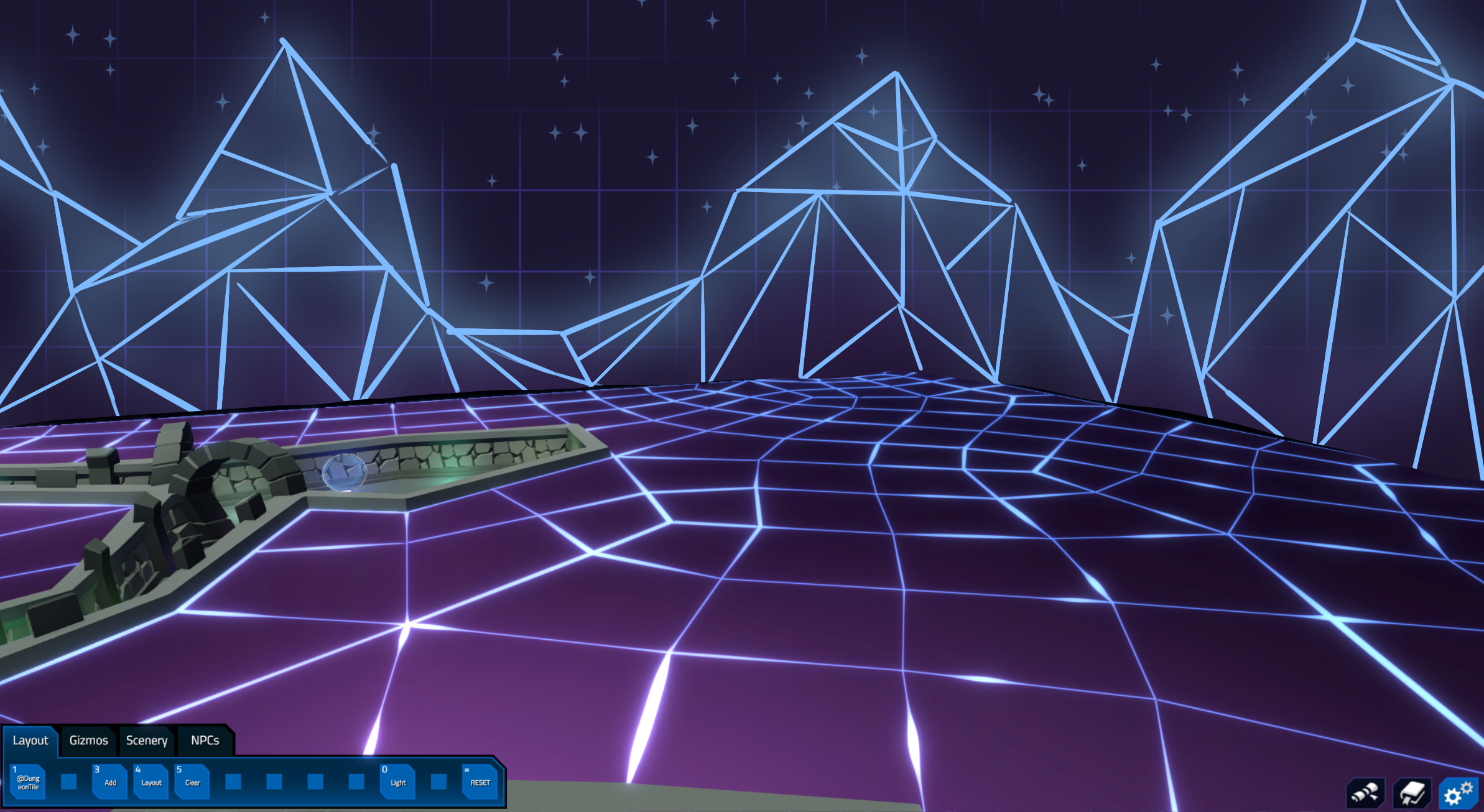 A virtual reality environment with neon grid lines on the floor and geometric mountain-like structures on the walls, all glowing in blue and purple colors.
