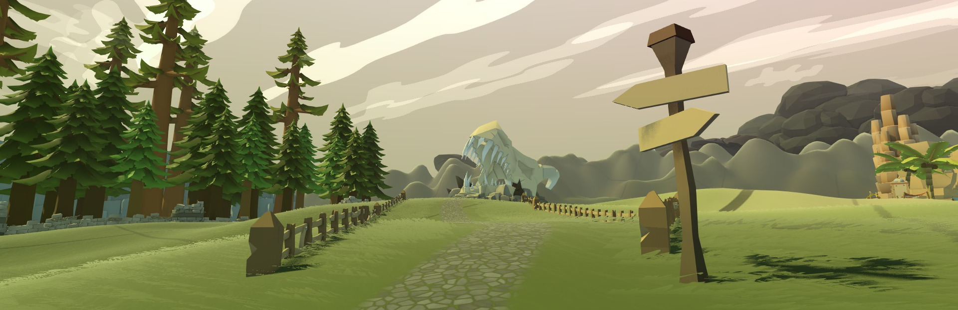 Digital illustration of a landscape with a dirt path, pine trees on the left, mountains in the background, a large stone dragon skull in the distance, and a wooden signpost on the right.