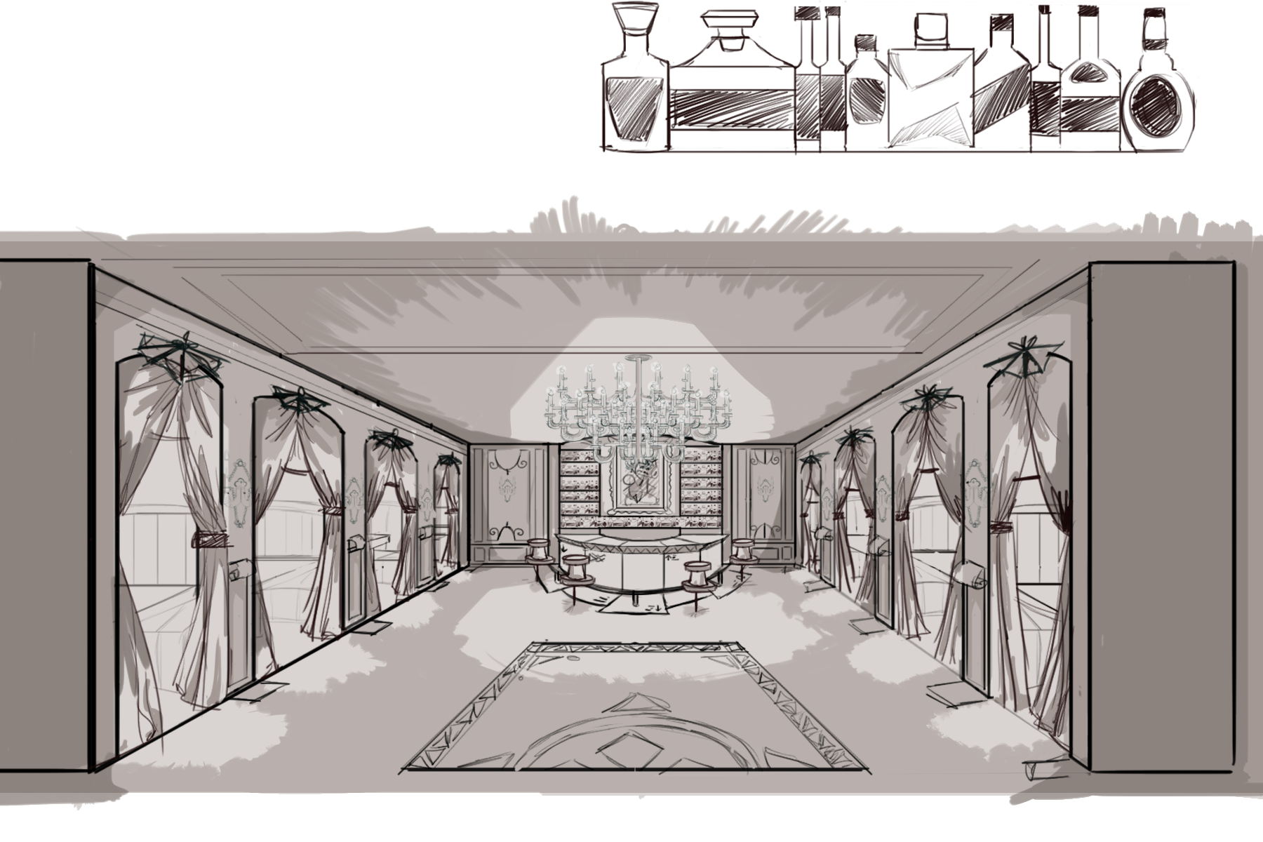 Interior sketch of an elegant room with tall curtains, chandelier, and ornate furnishings, viewed from an entrance with a carpeted floor.
