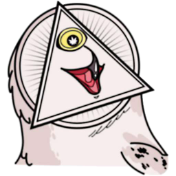 A cartoon character with a triangular head, a yellow eye with a black paw print, a wide open mouth, and a white body with a small black spot on the paw.