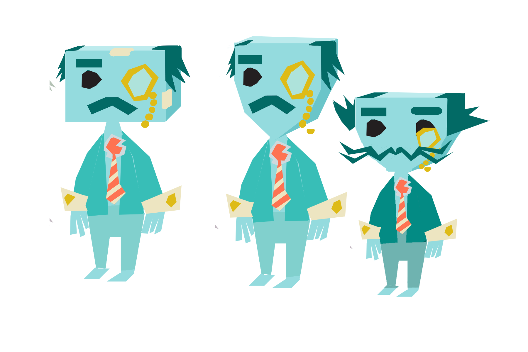 Three cartoon characters with blue skin and messy teal hair, dressed in suits and ties, looking sad or worried.