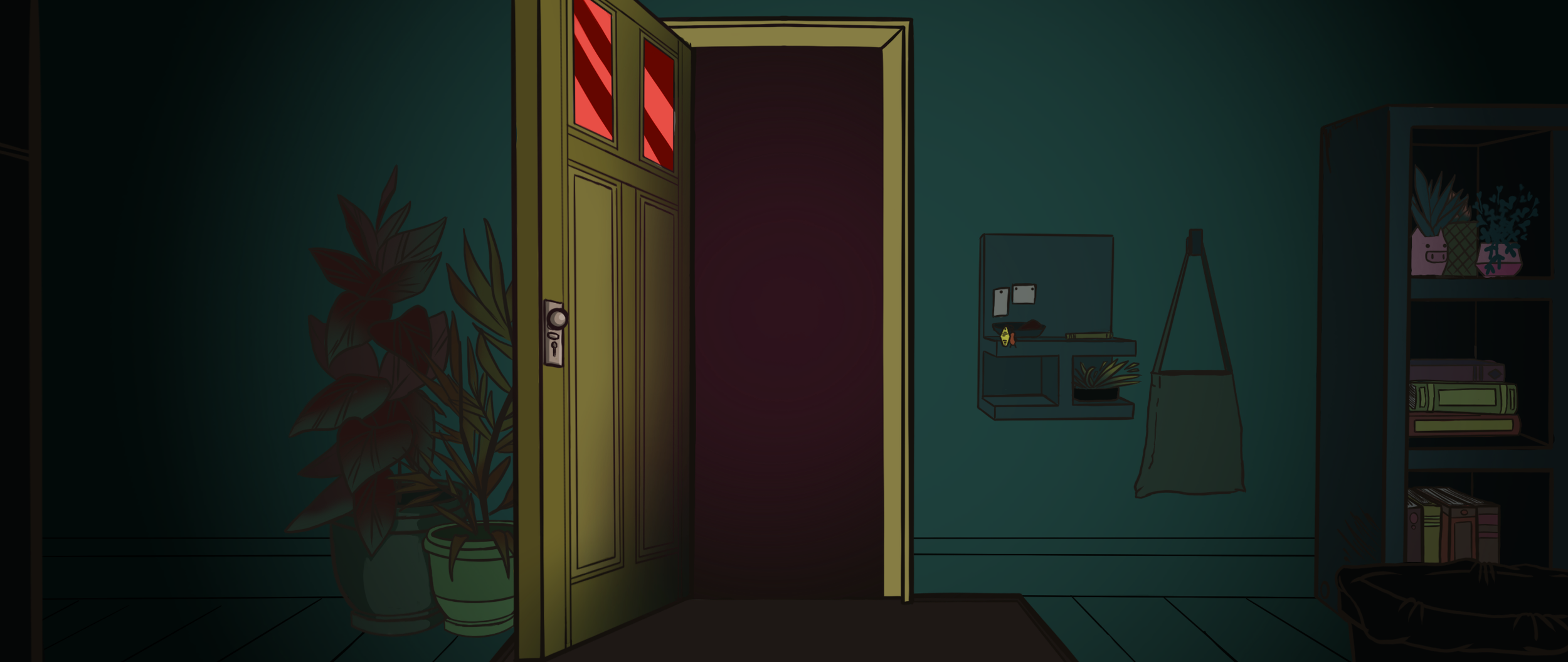 An interior dimly lit room with an open yellow door, a potted plant on the left, and a wall-mounted shelf with small items on the right. A bookshelf with books and decorations is on the far right. The room has dark teal walls and wooden flooring.