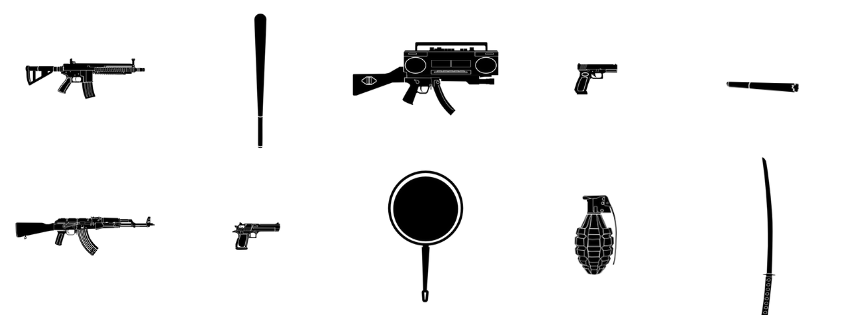 Silhouettes of various weapons, including rifles, pistols, grenades, and a sword, arranged in a grid.