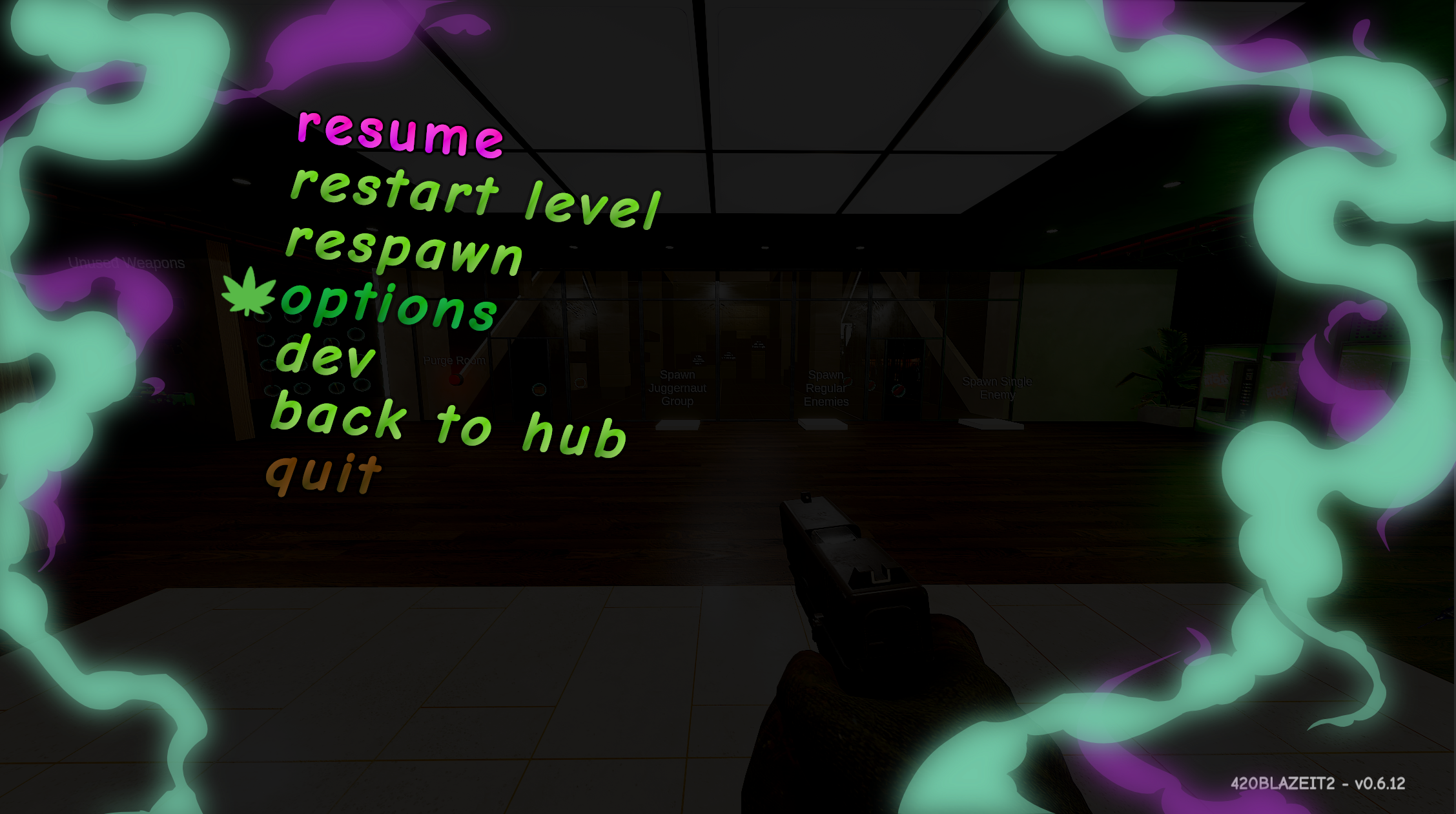 Video game menu screen with options in colorful text including resume, restart level, respawn, options, dev, back to hub, and quit, with swirling green and purple visual effects.