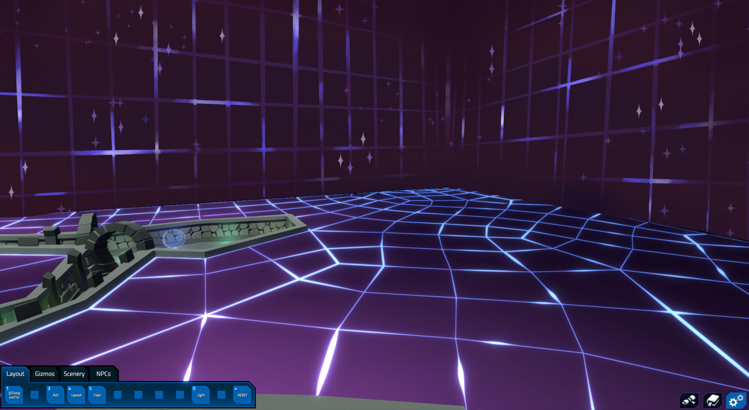 A virtual game room with glowing purple grid floors and walls, star-shaped sparkles, and neon blue grid patterns, with a futuristic spaceship located on the left side of the room.