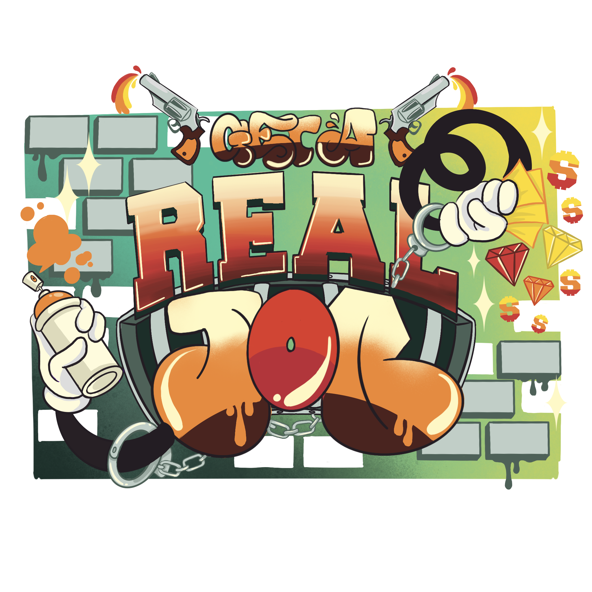 A colorful illustration of a pinball game featuring graffiti-style text, two guns, a skull, a hand holding a chain, and various geometric shapes and bursts.