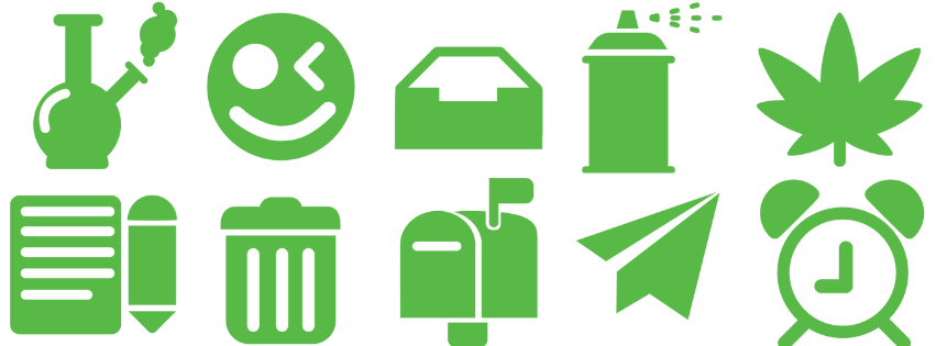 Collection of green icons including a bong, a smiling face, a box, a spray bottle, a leaf, a notebook with a pen, a trash can, a mailbox, a paper airplane, and a clock.
