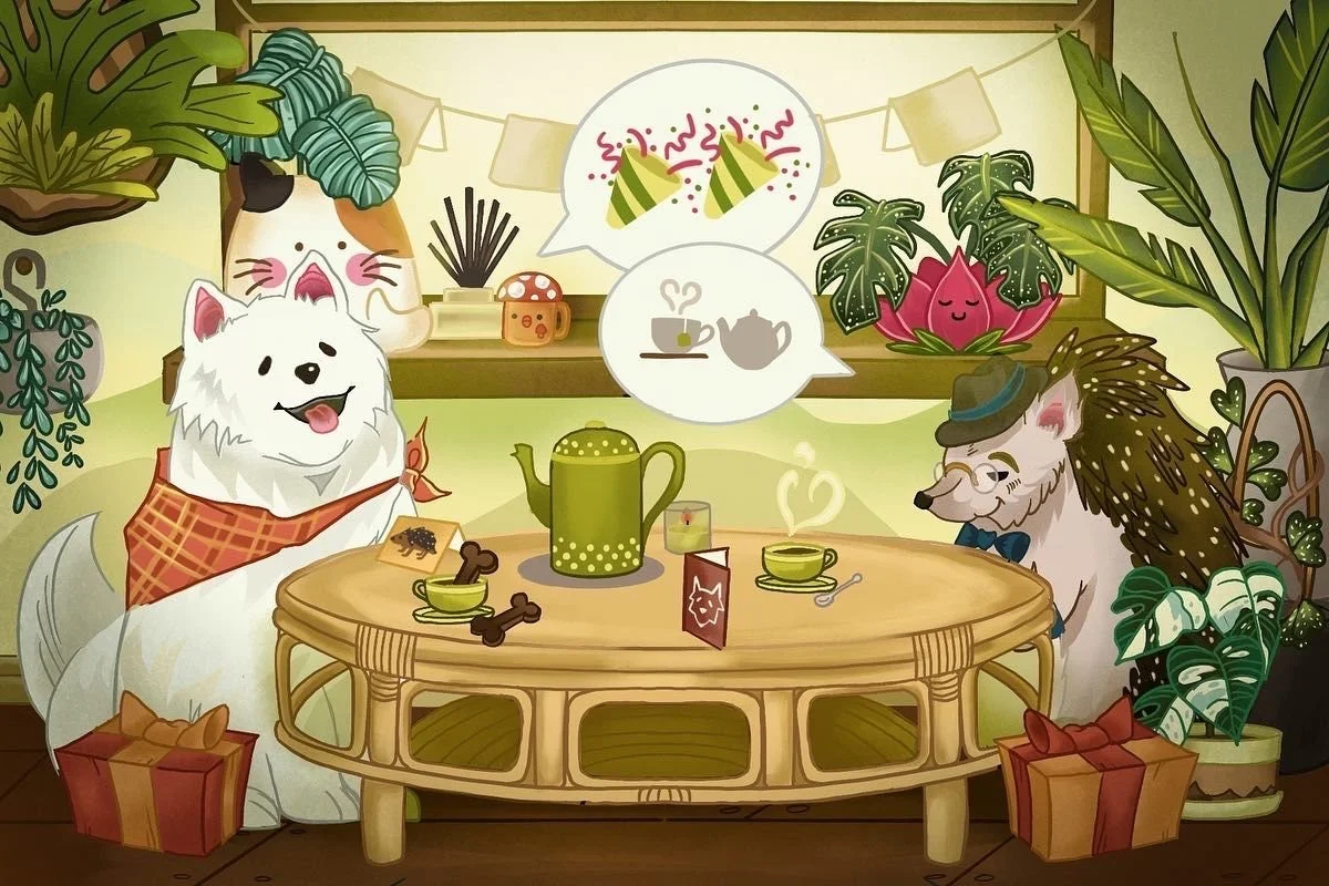 Two anthropomorphic dogs with party hats and accessories sitting at a dining table, celebrating with gifts, teapot, cups, and snacks, surrounded by lush indoor plants in a cozy room.