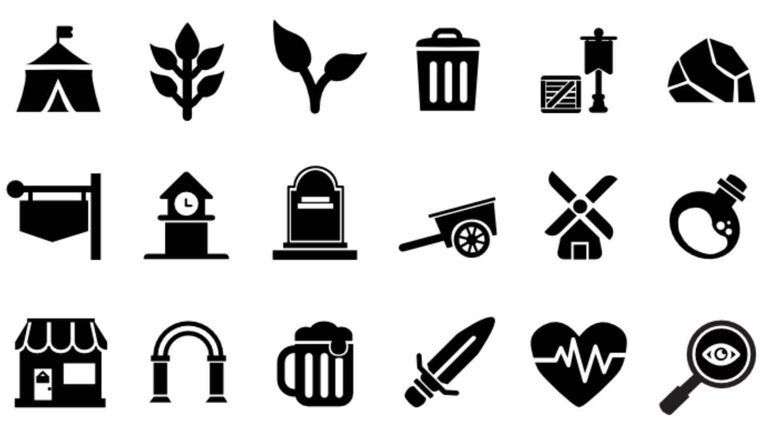 A collection of black icons representing camping, nature, recycling, time, gardening, and outdoor activities.