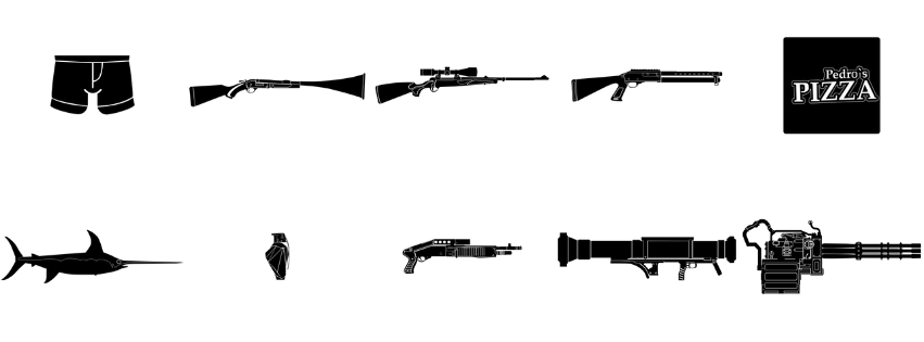 Silhouettes of underwear, firearms, a pizza box, and a shark.