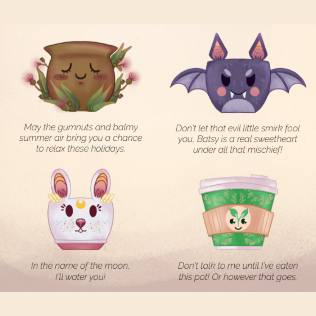 Cute illustrated holiday cards featuring a smiling gnome, a bat with wings, a bunny with colorful speckles, and a coffee cup with a face. Each has a holiday message.