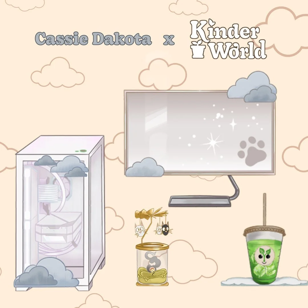 Illustration of a parody collaboration between Cassie Dakota and Kinder World, featuring a gaming console encased in clouds, a blank cloud-themed screen, a hanging toy with two cats, a container with a cloud and bone design, and a green drink with a cute face in a cup with a straw.