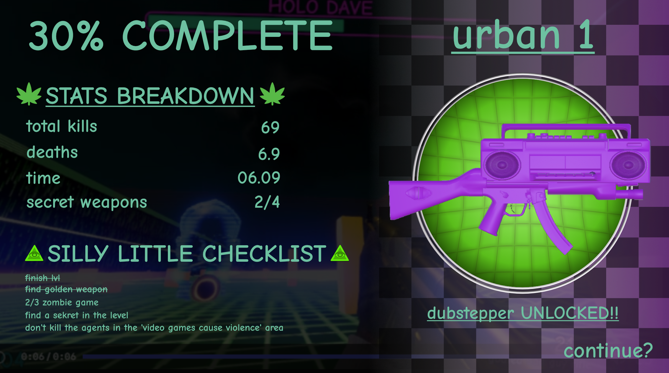 Video game screen showing a progress bar at 30% completion, an outline of a purple gun on a green background, and statistics including total kills, deaths, time, and secret weapons, with options to continue or check a checklist.