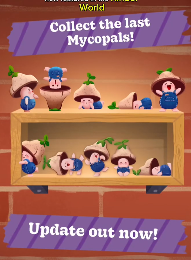Collection of cute Mycopa figurines arranged on a wooden shelf, some with hats and small green leaves, with a purple banner at the top saying "Collect the last MycopaPs!" and a purple banner at the bottom saying "Update out now!"