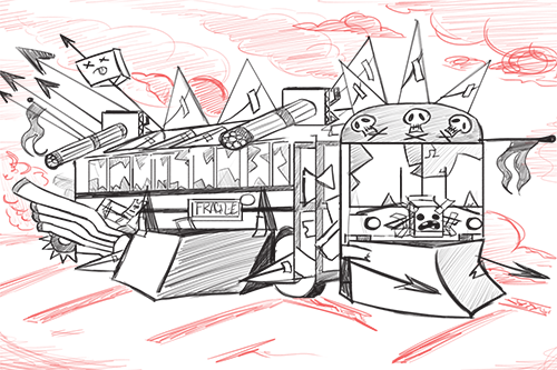 A sketch of a large, cartoonish tank with sharp spikes, skulls, and flames, drawn in black and red ink.